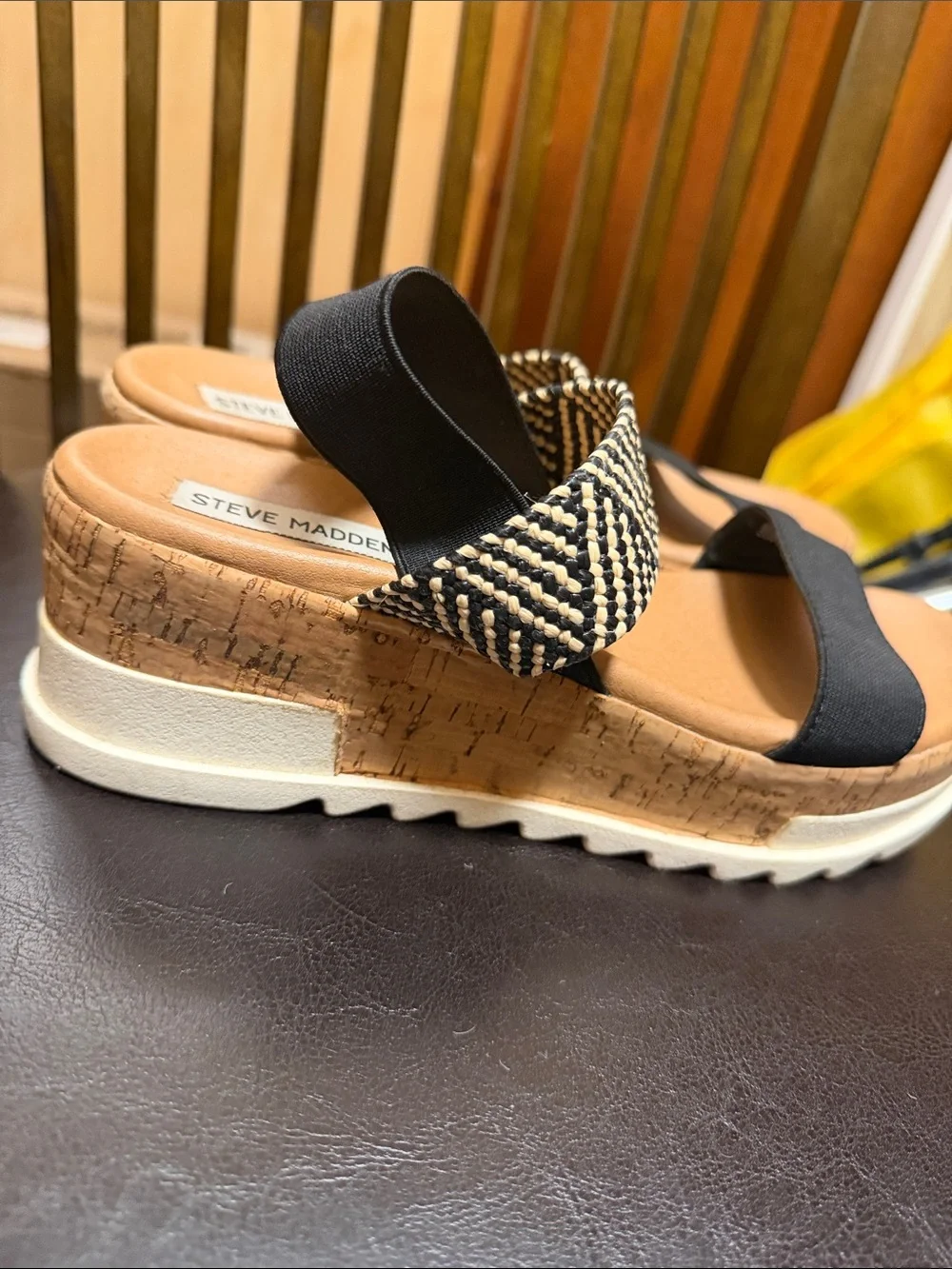 Steve Madden Black and Tan Woven Ankle-Strap Sandals